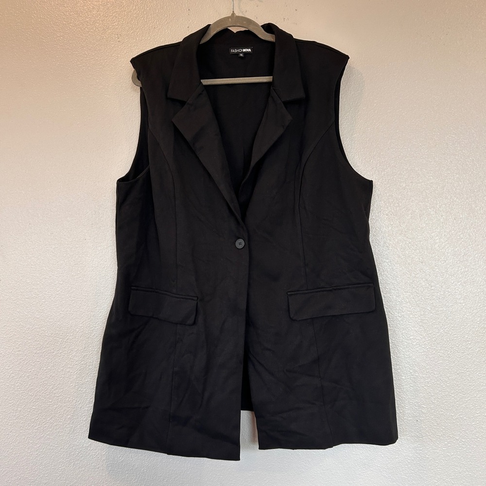 Fashion Nova Womens Black Sleeveless Blazer Vest Single Button Flap Pockets 2X